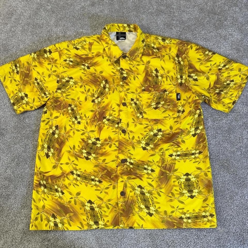 Vintage No Fear Tiki Hawaiian Shirt Yellow Y2K Skate Style Large